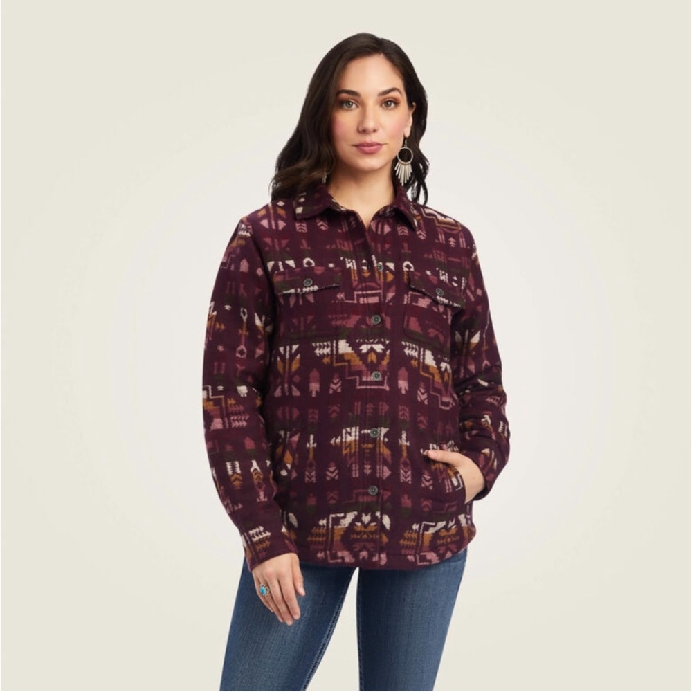 Ariat Women’s Aztec Southwest Patterned Jacket Burgundy with Quilted Lining.